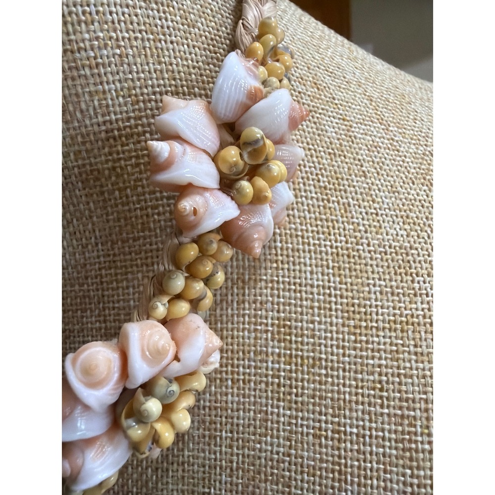 Handmade Seashell Choker Necklace Braided Raffia Pink White Shells Boho Coastal - Picture 2 of 5